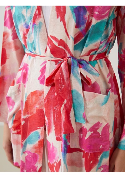 Lcw Modest Pembe Şal Yaka Desenli Oversize Kadın Kimono