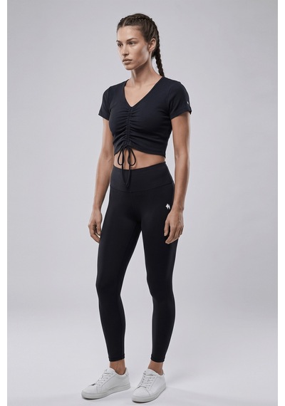 Woneagle Lacivert V Yaka İp Büzgülü Crop Basic Tişört Lacivert Lacivert