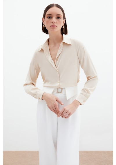 Sateen Saten Gömlek - Bej-134586 Bej