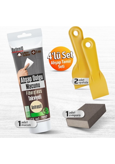 Tr Pratik 4'lü Ahşap Tamir Seti Antrasit Renk 125 Ml Tamir Macunu + 2 Adet Spatula + Kübik Zımpara 0.25 KG