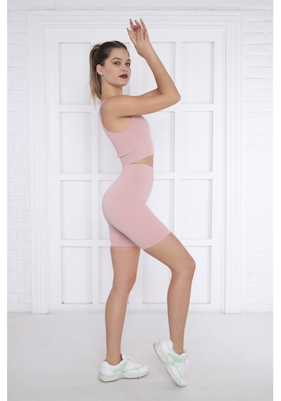 Escetic Kadın Spor Pembe Toparlayıcı, Yüksek Bel Fitnes Bra Şort-tayt Takım-4312 - Xs