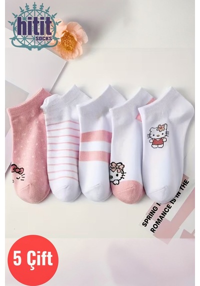 Hitit Socks Kadın 5 Çift Günlük Kullanıma Uygun Sevimli Kedi Desenli Görünmez Babet Çorap Asorti
