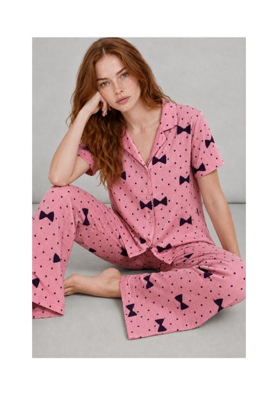 Fit Women Kadın Kısa Kol Desenli Pembe Pijama Takımı 4729