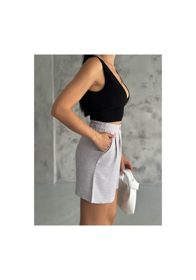 Winmoda34 Kadın Trend Keten Şort 2 Cep Gri