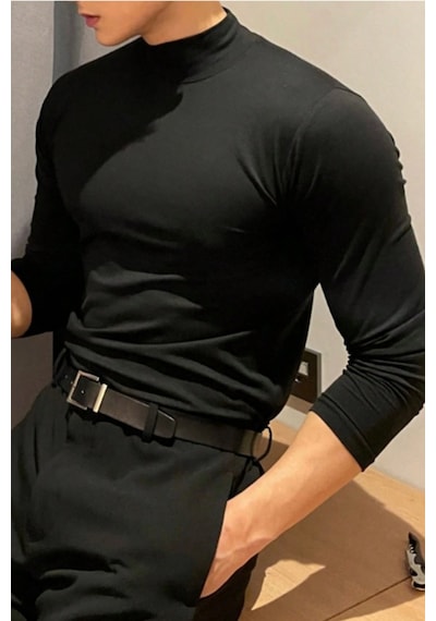 Tarz Cool Erkek Yarım Balıkçı Yaka Uzun Kollu Slim Fit Likralı Oysho Kumaş Tişört Siyah