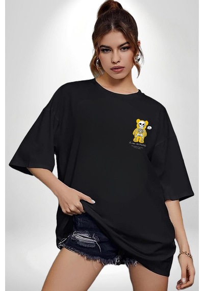 Beyin Gülüşü Siyah Oversize Unisex Ön Ve Sırt Baskılı Tişört Siyah