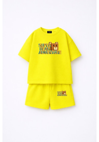 Fasardi Super Bear Adventure Süper Ayı Baskılı Oversize %100 Pamuk Tişört Şort 2li Çocuk Takım Sarı