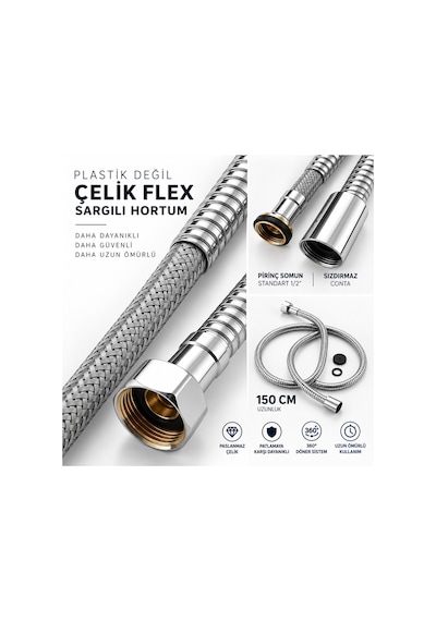 Çelik Flex Sargılı Duş Hortumu 150 Cm Paslanmaz Çelik Örgülü 360 Döner Sistem ½" Gümüş
