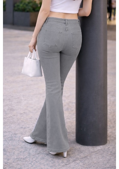 Cedy Denım Yüksek Kalite Kadın 5 Cep Düşük Bel İspanyol Paça Skinnyfit Esnek Jean Pantolon C619 Taş Rengi