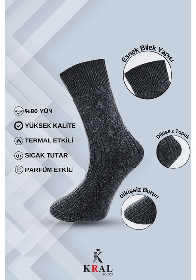 Kral Socks Dikişsiz Tasarım Lambswool Yünlü Kışlık Erkek Çorap Siyah