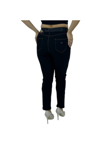 Büyük Beden Toparlayıcı Yüksek Bel Kemerli Dar Paça Denim Örme Kumaş Kadın Pantolon Siyah