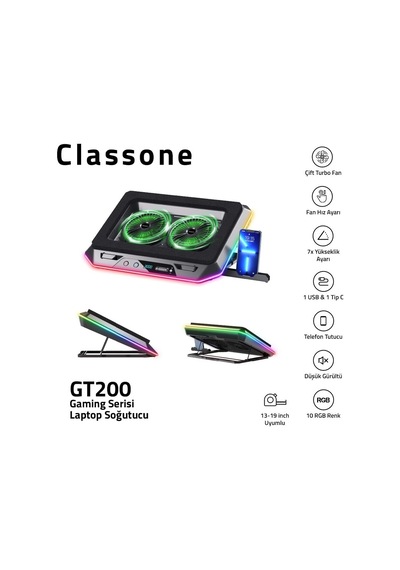 Classone Gaming Gt200 Laptop Soğutucu Notebook Stand, 3000 Rpm,10 Rgb Işık Kontrolü, 15.6-17 İnch, Hız Kontrolü, 2 Büyük Fan,telefon Standı, 1 Type-c Usb,1 Usb