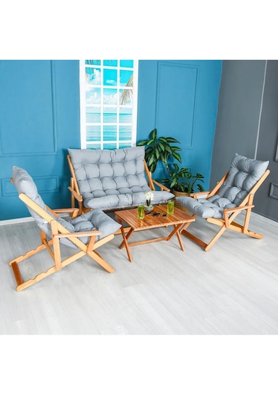 Bysay Ahşap Katlanabilir Şezlong Seti, 4'lü, Gri, Modern Stil, Puf Minderli, Plaj Teras Balkon Bahçe İçin Diğer