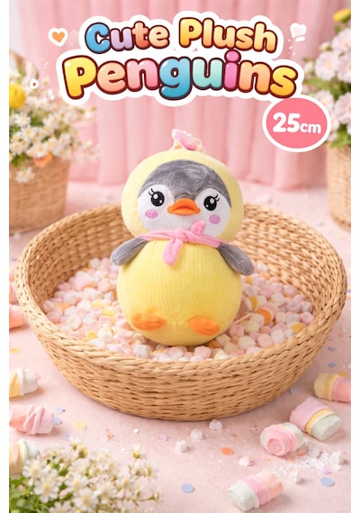 25 Cm Sevimli Peluş Penguen Yumuşacık Pastel Renkli Oyuncak Sarı