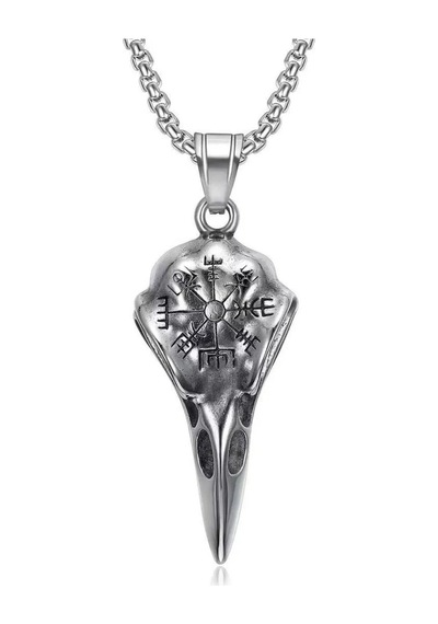 Odin Raven Vegvisir Viking İşlemeli Kuzgun Kafatası Gotik Paslanm Çok Renkli