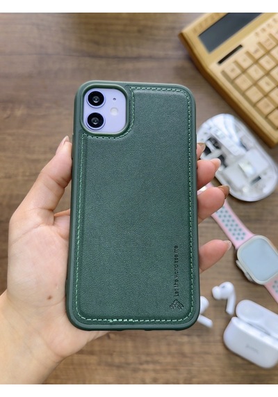 Apple iPhone 11 Uyumlu Premium Deri Dokulu Darbelere Karşı Dayanıklı Nazal Silikon Kılıf Haki