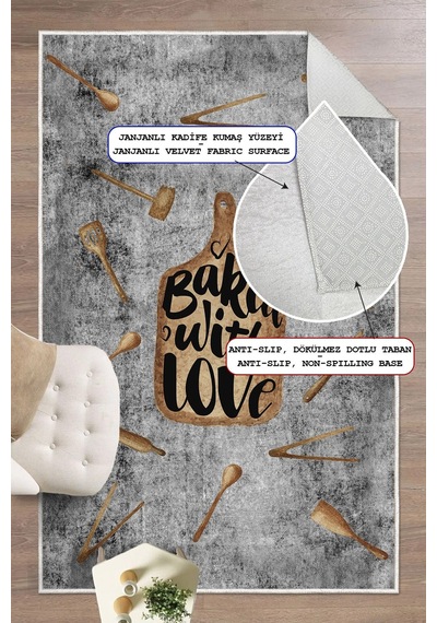 Baked With Love Yazılı Baskılı Kaymaz Yıkanabilir Mutfak Halısı gri