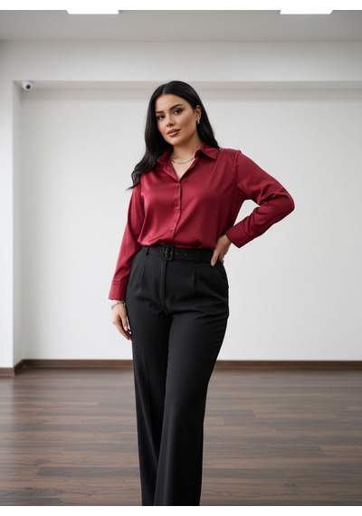 Pera Moda Büyük Beden İpek Saten Klasik Gömlek Bordo