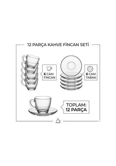 Lexroo 6 Lı Cam Kahve Fincanı Seti, Şeffaf Tasarım Tabaklı Espresso Türk Kahvesi Sunum Fincan Takımı