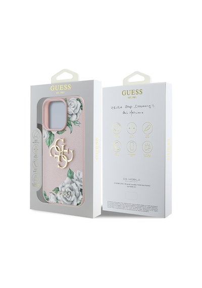 Apple Uyumlu iPhone 16 Pro Max Kılıf Guess Lisanslı Beyaz Gül Baskılı Büyük 4g Metal Logolu Kapak Pembe