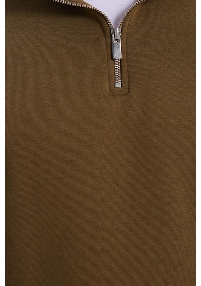 Tudors Unisex Relax Fit Rahat Kesim Pamuklu İçi Polarlı Yarım Fermuarlı Yeşil Dik Yaka Sweatshirt-35164 Yeşil