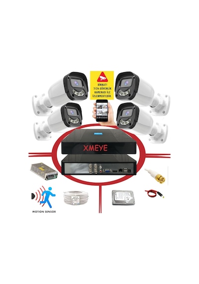 4 Lü Hareket Algılayan 5 Mp Lens 4 Warm Led Gece Renkli Gösteren Güvenlik Kamerası Seti Bs 2304w