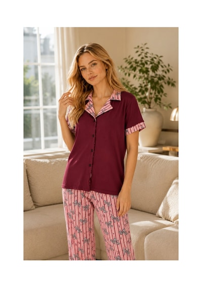 Rindahomewear Kadın Milan Kelebek Desenli Düğmeli Pijama Takımı Bordo