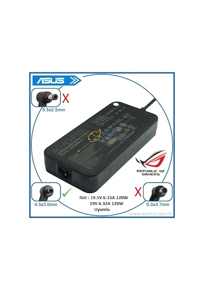Asus Rog 19v 6.32a 120w Pinli Uç 4.5mm 3.0mm Notebook Adaptör - Şarj Cihazı / 19.5v 6.15a Uyumlu