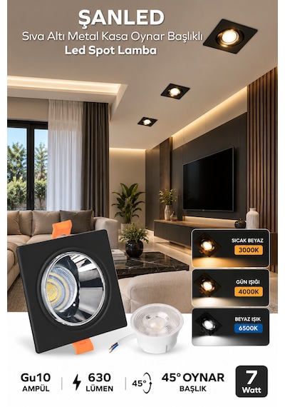 7w 3 Renkli Sıva Altı Kare Metal Siyah Krom Kasa Oynar Başlıklı Gu10 Led Spot 2 Adet Siyah - Krom