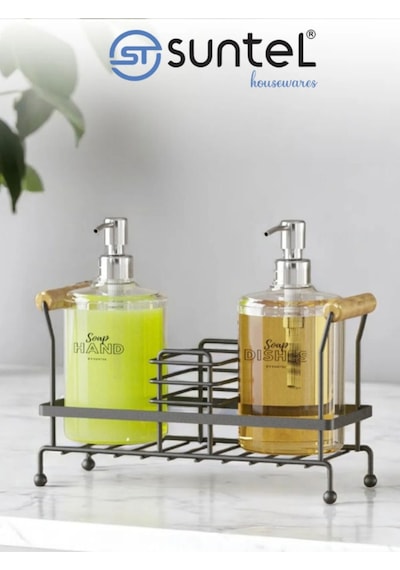 Suntel 2'li Metal Ayaklı Sıvı Sabunluk Seti - 500 Ml Siyah Sabun Ve Losyon Şişesi - Banyo Organizer Siyah