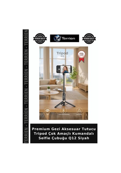 Premium Gezi Aksesuar Tutucu Tripod Çok Amaçlı Kumandalı Selfie Çubuğu Q12 Siyah