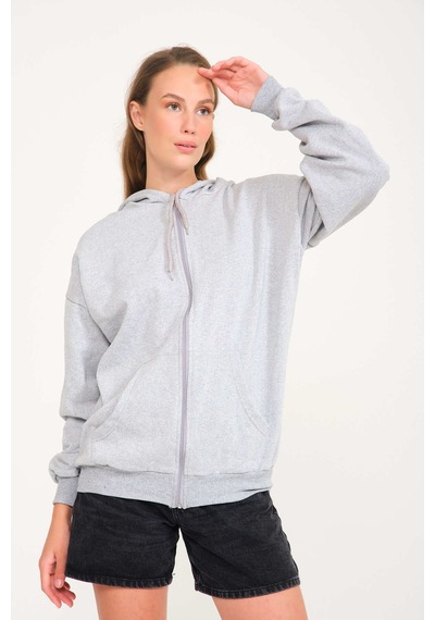 Harmandar Baskısız Unisex Gri Cepli Kapüşonlu Fermuarlı Sweatshirt Hırka Gri