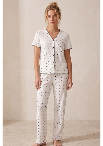 Siyah İnci Yumuşak Tuşe Yazlık Fitilli Pamuklu Örme Pijama Takım 7994 Ekru Siyah Kalp Siyah İnci Yumuşak Tuşe Yazlık Fitilli Pamuklu Örme Pijama Takım 7994 Ekru Siyah Kalp