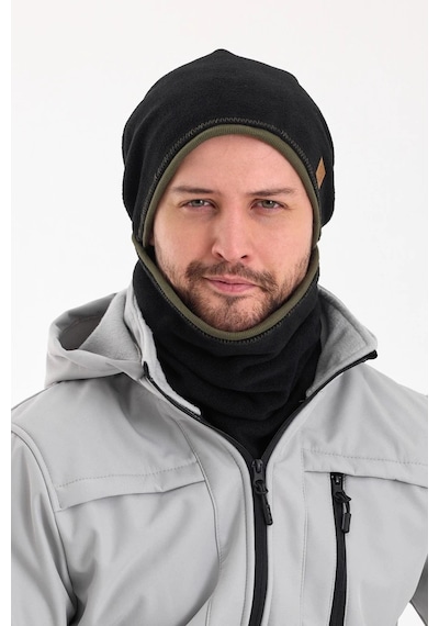Erkek Polar Dış Kaşkorse Pamuklu İç Kısım Çift Renk Çift Katman Katlanabilir Bere Boyunluk Takım - Standart / Siyah-haki Siyah-haki
