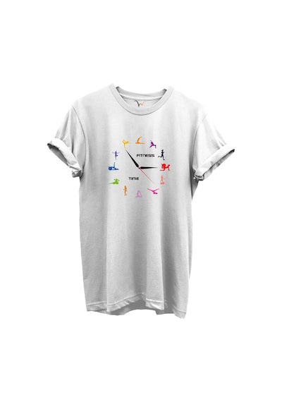 Fitness Time Spor Ve Yoga Figürlü Renkli Tasarımlı %100 Pamuk Regular Fit Unisex T-shirt Beyaz