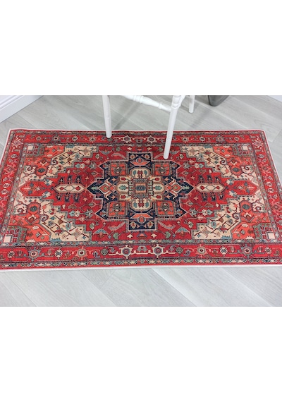 Eskitme Madalyon Desenli Kiremit Ve Lacivert Vintage Salon Halısı - 11428ou Kırmızı