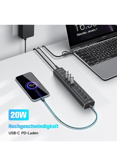 Usb C 3.2 Hub Aktif Güç Kaynaklı 60w 12/5a , 11 Port Usb C 3.1 Gen2 Hub 20w Pd, 3 X 10gbps Usb