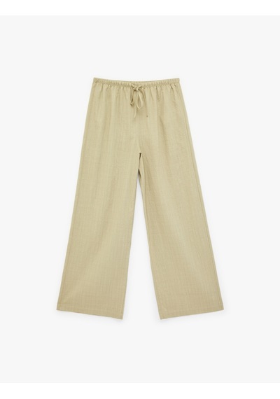 Koton Beli Bağcıklı Viskon Karışımlı Uzun Geniş Paça Pantolon Haki 6sal40049ıw