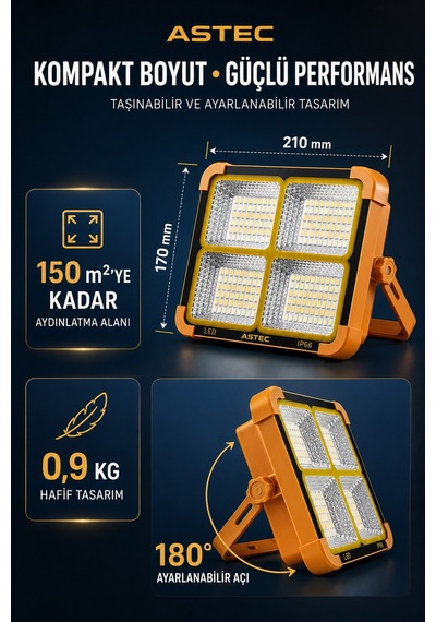 Astec Solar 200w Şarjlı Led Projektör Mıknatıslı Powerbank 4 Modlu Sarı Beyaz Çakar Taşınabilir Kamp Lambası