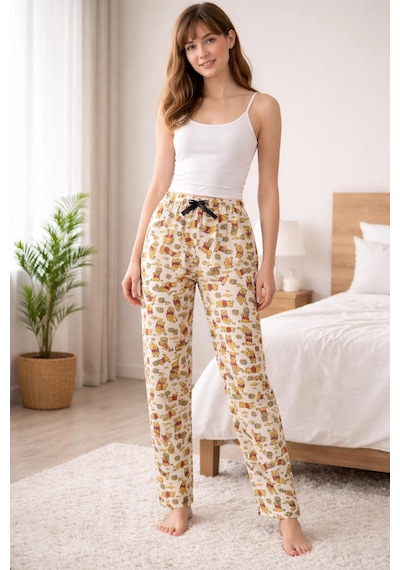 Kadın Desenli Pijama Altı Rahat Kesim Lastikli Ev Giyim Pantolonu Krem