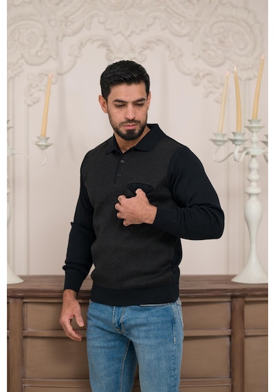 Woolen World Polo Yaka Cepli Armürlü Yünlü Erkek Triko Kazak Lacivert