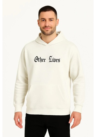 Erkek Kapüşonlu Kanguru Cepli Sweatshirt 3 İplik Pamuklu Baskılı Hoodie - Beyaz