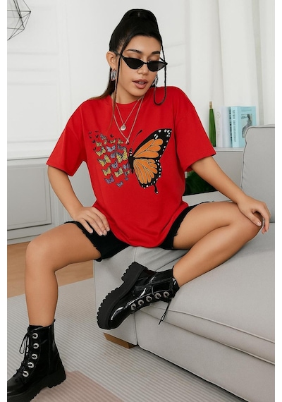 Kelebek Baskılı Oversize Unisex Tişört Kirmizi