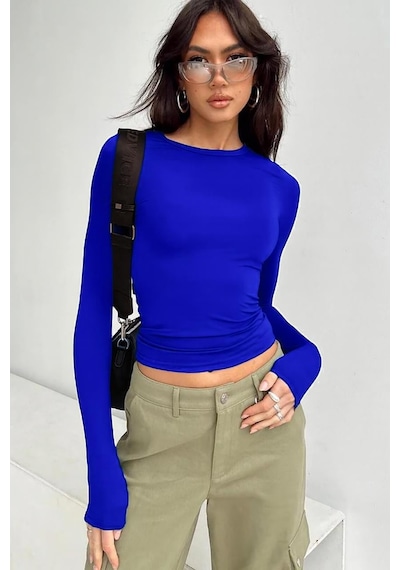 Madmext Saks Bisiklet Yaka Basic Uzun Kollu Bluz Mg1701