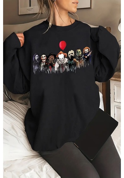 Uyguntarz Korku Karakterleri Baskılı Unisex Oversize Sweatshirt Antrasit