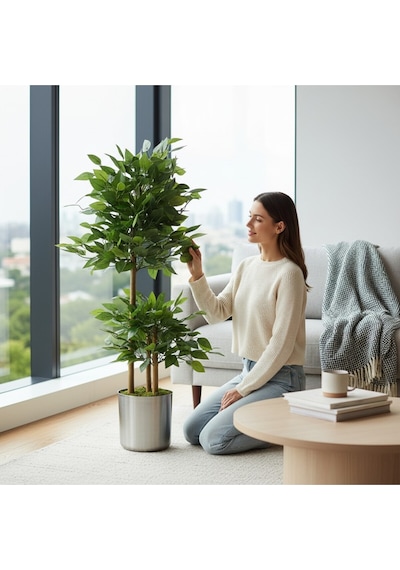 Yapay Çiçek Metal Saksıda Benjamin Salon Balkon Ev Ağacı Yeşil Bitkisi Bambu Gövdeli 170-130 Cm Yeşil