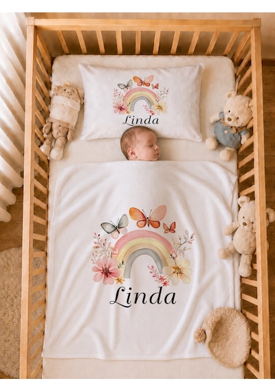 Pia Baby Kız Bebek Tulum Seti İsim Baskılı %100 Pamuk Yastık Kılıfı Ve Battaniye 1079tyb0x Ekru