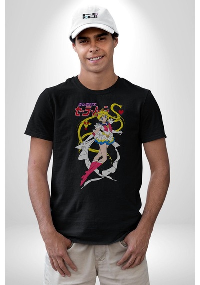 Sailor Moon Anime Usagi Tsukino Unisex Unisex Siyah Organik Baskılı T-shirt Penye Yüksek Kalite Siyah