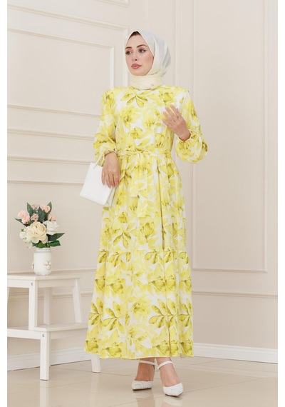 Sevitli Yarım Düğmeli Lotus Elbise-sarı-5249 Sarı