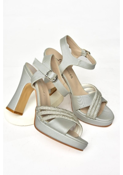 Fox Shoes S246575504 Gümüş Kumaş Kalın Topuklu Kadın Abiye Ayakkabı Gümüş